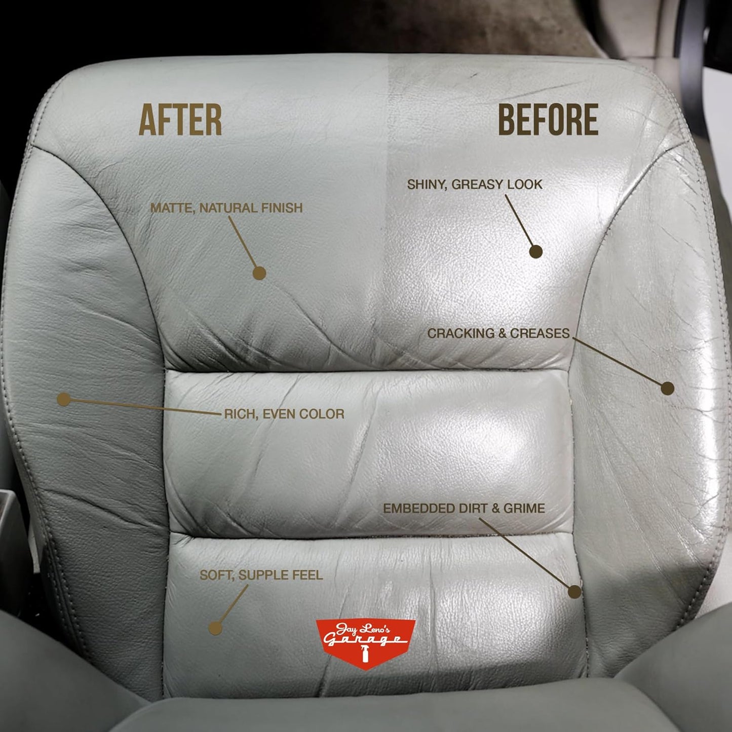 Jay Leno's Garage Car Leather Conditioner and Auto Leather Care - Professional Leather Conditioner for Car Seats, Nourishes Protects & Restores, Lanolin & Beeswax Formula, Non-Greasy Finish (16 oz)