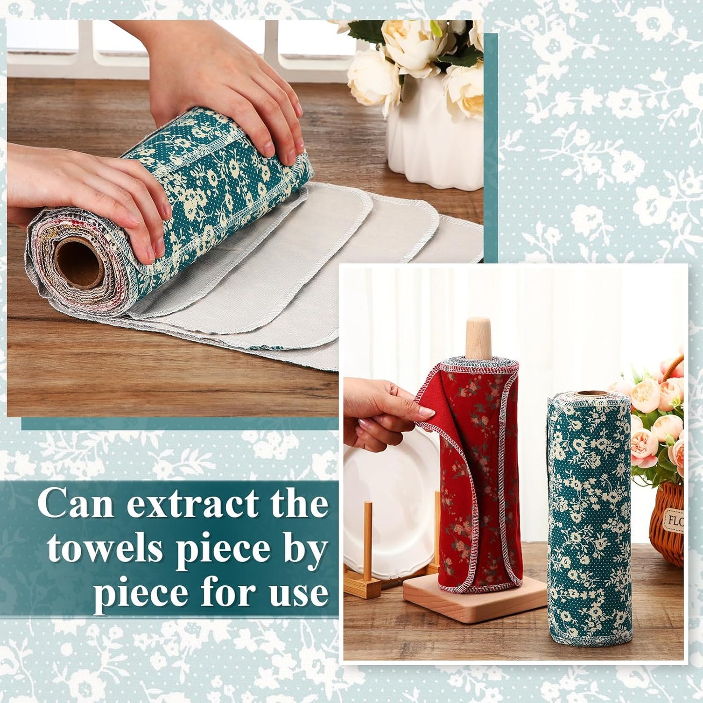 Redbaker 50 Pcs Reusable Paper Towels Paperless Reusable Cotton Cloths Toilet Absorbent Washable Paper Towels with Roll Kitchen Dishcloth for Kitchen Paperless Dishcloths(Stripe)