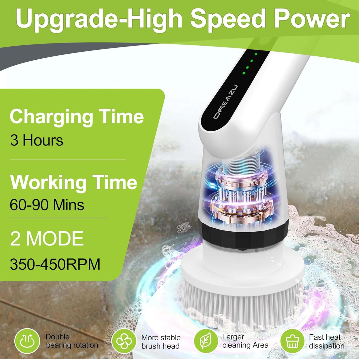 WKY-G3-Electric Spin Scrubber - Upgraded 10-in-1 IPX7 Waterproof Shower Cleaner Brush, Retractable Handle & 2-Speed for Toilet, Bathroom, Bathtub, Tile Floors Black