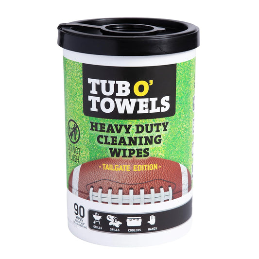 Tub O' Towels Heavy-Duty Multi-Surface Cleaning Wipes Tailgate Edition For Grills, Spills, Tents & More, 10" x 12", 1-Pack Canister