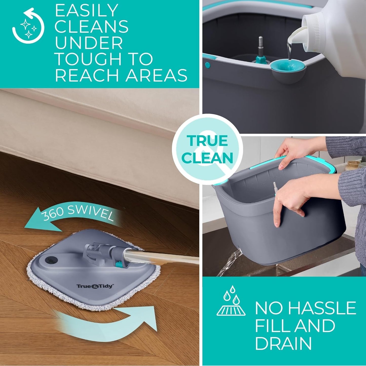 True & Tidy® True Clean Mop and Bucket System, Includes Square Spin, Dual Compartment Mop Bucket and 2 Thick Machine Washable Pads New Upgraded with Side Brush & Self Standing Handle, Rose