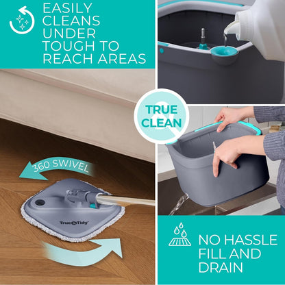 True & Tidy® True Clean Mop and Bucket System, Includes Square Spin, Dual Compartment Mop Bucket and 2 Thick Machine Washable Pads New Upgraded with Side Brush & Self Standing Handle, Rose