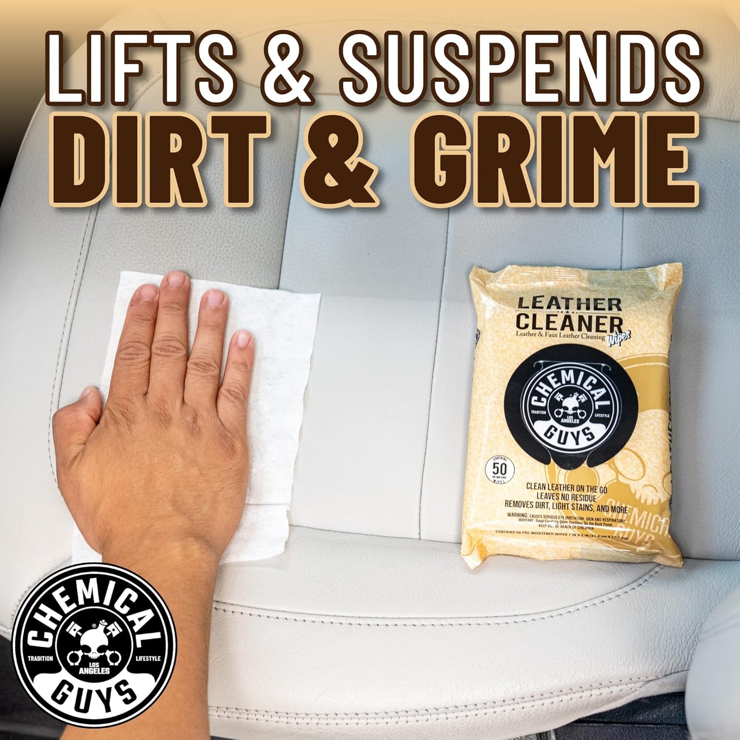 Chemical Guys Leather Cleaner Wipes Mega 50 Pack - Interior Leather Wipes for Cars, Natural, Synthetic, Faux & Pleather Surfaces, Safe for Cars, Trucks, Furniture, Boots & More, Convenient 50 Count
