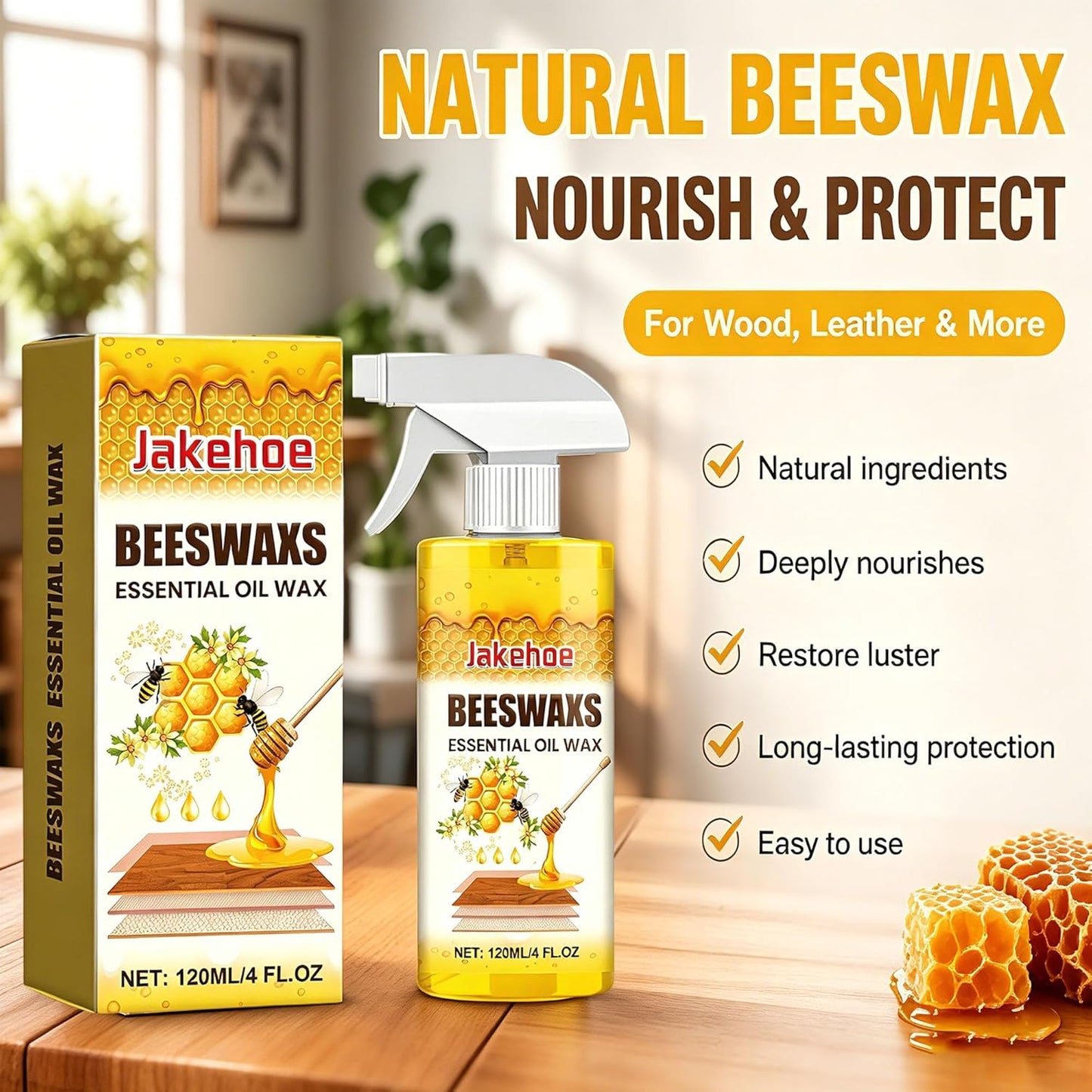Beeswax Wood Polish for Dull Furniture Care, Non-greasy Wood Cleaner & Shine Enhancer, Easy Spray & Wipe for Cabinets, Tables & Finished Wood Surfaces (1 pcs)