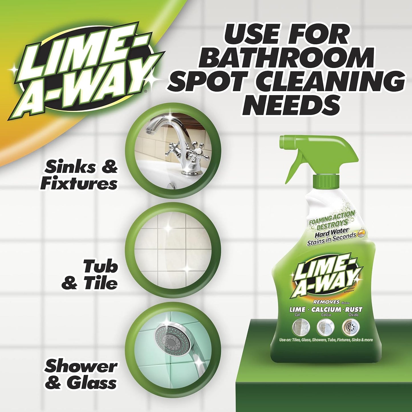 Lime-A-Way Hard Water Stain Remover Spray, Removes Lime, Calcium & Rust in Seconds, Bathroom Cleaner, 22 fl oz