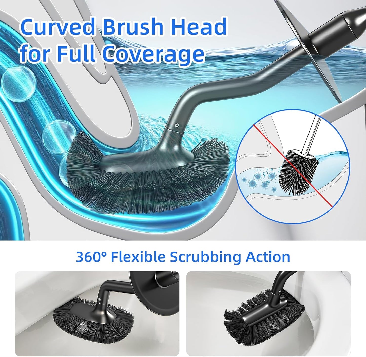Toilet Brush and Holder Set with Pumice Stone – Long Handle Toilet Bowl Brush, Anti-Splash Scrubber, Ventilated Drip-Free Base, Deep Cleaner for Hard Water Stains, Limescale, Toilet Rings, Grey