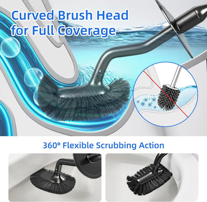 Toilet Brush and Holder Set with Pumice Stone – Long Handle Toilet Bowl Brush, Anti-Splash Scrubber, Ventilated Drip-Free Base, Deep Cleaner for Hard Water Stains, Limescale, Toilet Rings, Grey