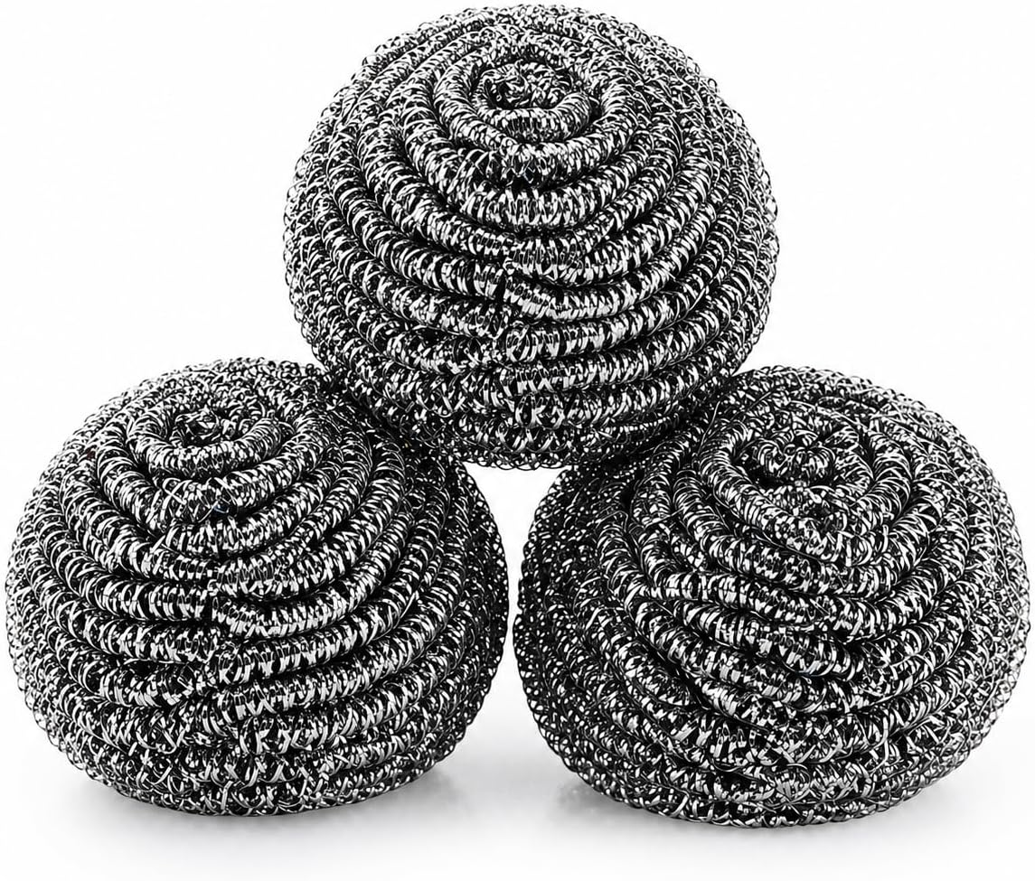 Stainless Steel Scrubber Balls 3 Pack, Heavy Duty Steel Wool Scouring Pads for Pots, Pans, Sink & Grill, Rust Resistant Kitchen Cleaning Scrubbers, Long Lasting (3)