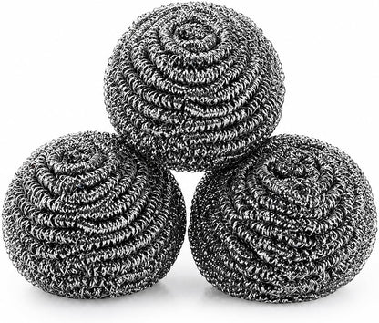 Stainless Steel Scrubber Balls 3 Pack, Heavy Duty Steel Wool Scouring Pads for Pots, Pans, Sink & Grill, Rust Resistant Kitchen Cleaning Scrubbers, Long Lasting (3)