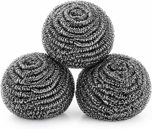 Stainless Steel Scrubber Balls 3 Pack, Heavy Duty Steel Wool Scouring Pads for Pots, Pans, Sink & Grill, Rust Resistant Kitchen Cleaning Scrubbers, Long Lasting (3)