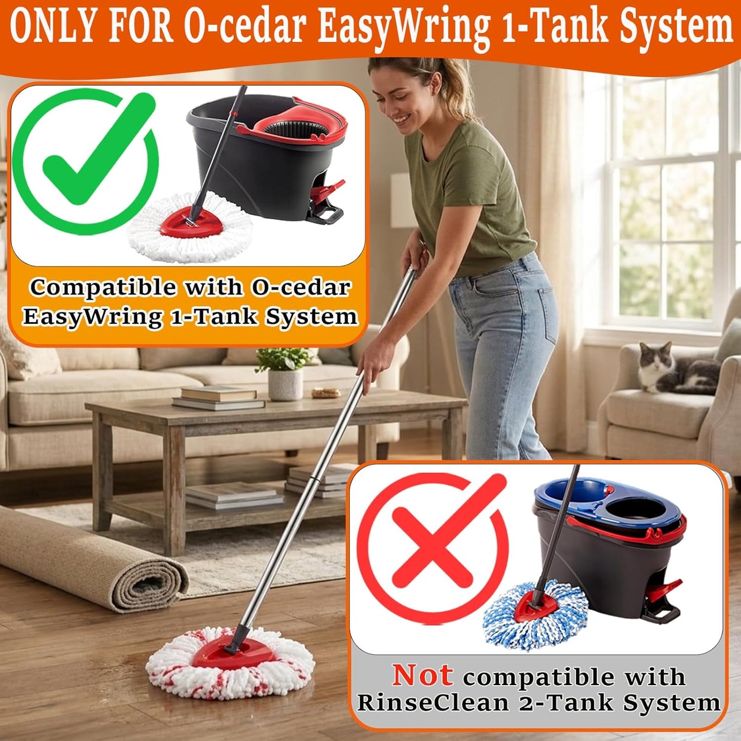 Upgrade Mop Heads Replacements for Ocedar, Spin Mop Scrub Brush Replacement Head for O Cedar Easywring 1 Tank System, 2 Mop Head Refills, 2 Chenille Mop Pads, 1 Spin Base, 1 Scrubber Head for O-Cedar