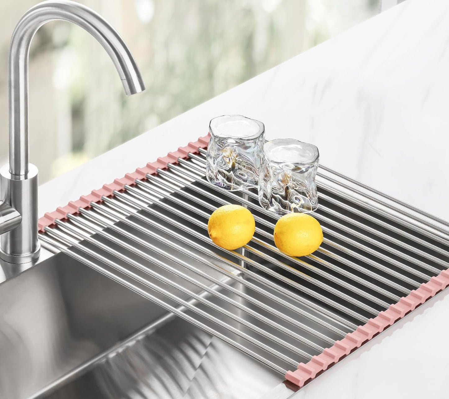 Tomorotec 17.7" x 15.5" Roll Up Dish Drying Rack Over Sink Drying Rack Sink Cover Kitchen Sink Accessories Gadget Multipurpose Organizer Foldable Stainless Steel Drainer (Grey)