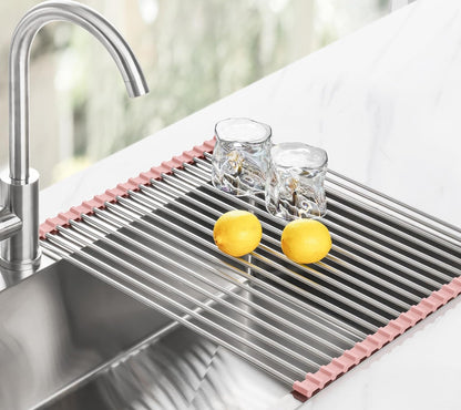 Tomorotec 17.7" x 15.5" Roll Up Dish Drying Rack Over Sink Drying Rack Sink Cover Kitchen Sink Accessories Gadget Multipurpose Organizer Foldable Stainless Steel Drainer (Grey)