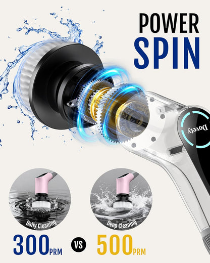 Dovety Electric Spin Scrubber, Shower Scrubber, Power Cleaner Tools with 8 Replaceable Brush Heads, Cleaning Brush with Extension Handle, 2 Adjustable Speeds, 90Mins Work Time for Home Bathtub-White