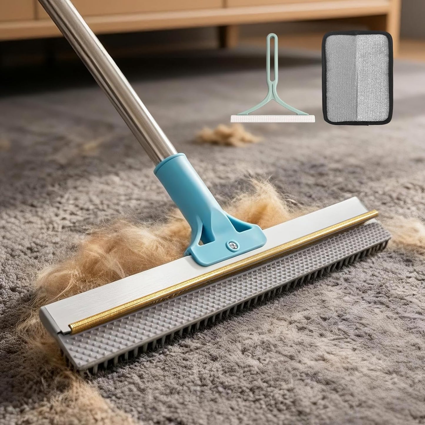 BFNN Carpet Rake for Pet Hair Removal | Reusable Dual-Action Carpet Broom Tool with Metal Scraper & Silicone Brush | 54" Adjustable Handle | 3Pcs Cat & Dog Fur Cleaning Kit for Rugs, Couch & Furniture