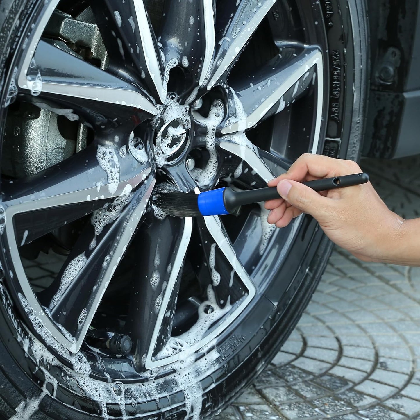 TAKAVU Wheel Tire Brush - Soft Bristle with Short Handle, Included Detailing Brush - Car Cleaning Kit for Rims, Tires, Interior Vents, Emblems - Scratch Safe