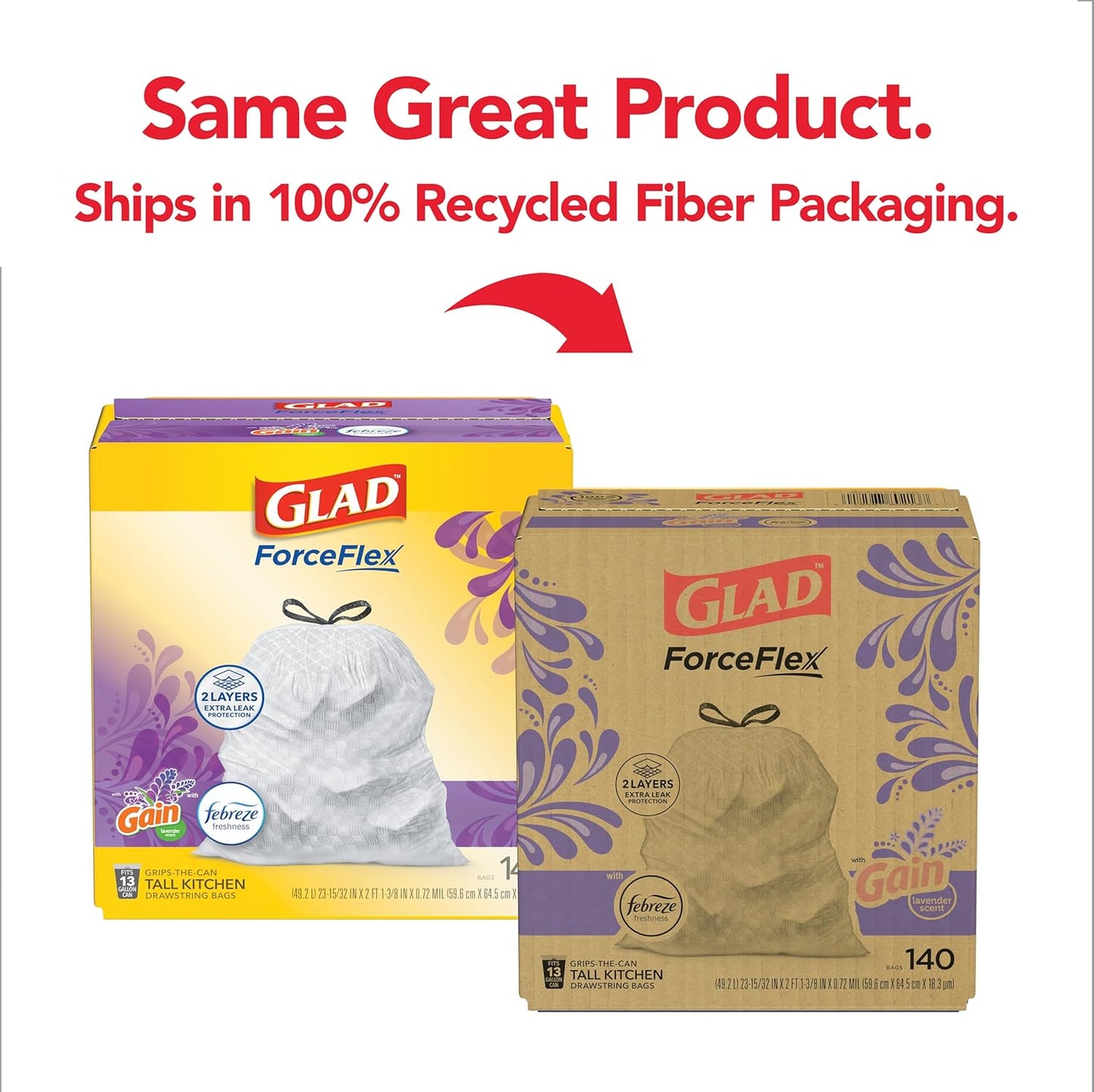 Glad ForceFlex Tall Kitchen Trash Bags, 13 Gal, Gain Lavender with Febreze, 110 Ct (Pack May Vary)