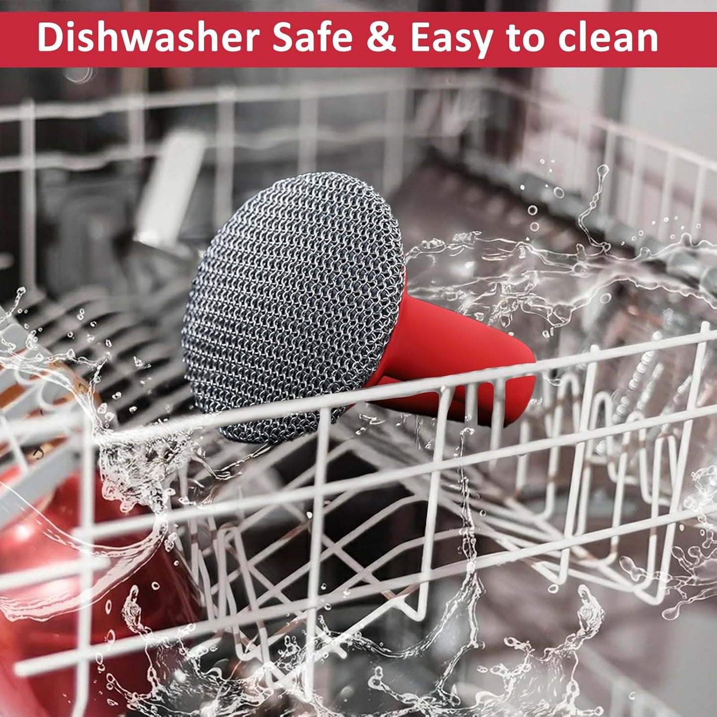 Cast Iron Scrubber with Handle 316L Stainless Steel Chainmail Scrubber for Cast Iron Pan Skillet Cleaner,Skillets and Grills (Red)