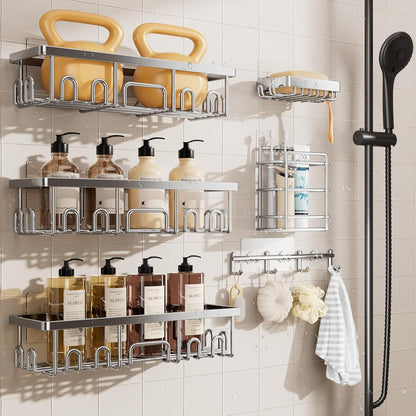Veken Shower Caddy 6-Pack, Advanced Rustproof Design, No Drilling Adhesive Shelves, Rack with Soap Holder, Large Capacity Bathroom Organizers and Storage, Wall-Mounted, Gifts for Women Mom