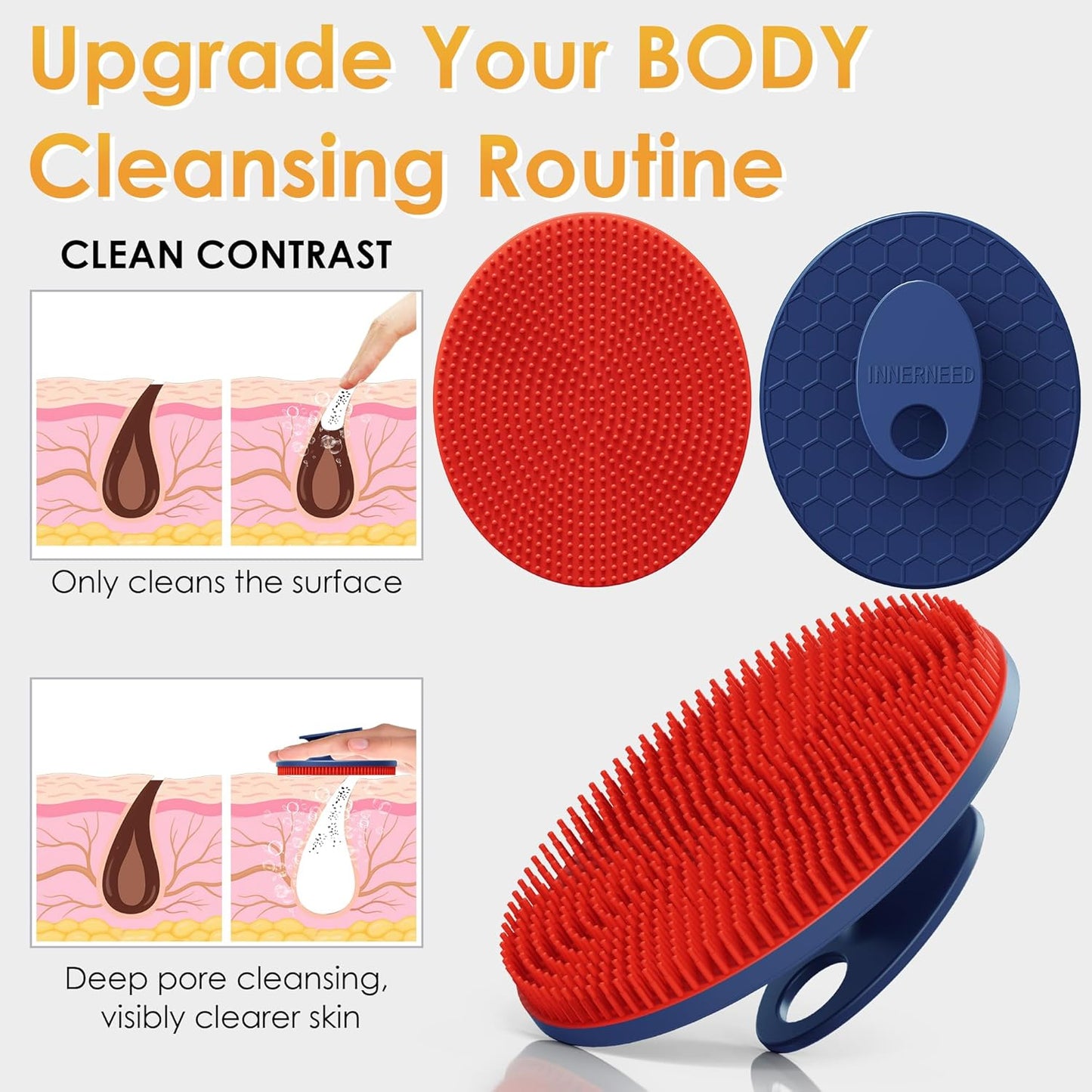 INNERNEED Food-Grade Soft Silicone Body Scrubber Shower Brush Handheld Cleansing Skin Brush, Gentle Exfoliating and Lather Well (Black)