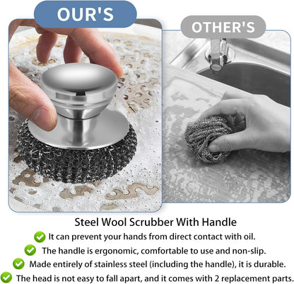 Onewly 4Pcs Steel Wool Scrubber Set, Stainless Steel Scrubber with Stainless Steel Handle, for Cleaning Dishes, Cast Iron, Stock Pots, Pans, Griddles, Grills