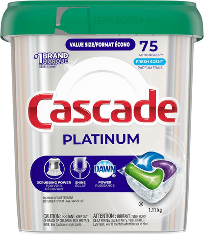 Cascade Platinum Dishwasher Pods, Dish Detergent ActionPacs, Fresh, 75 Count