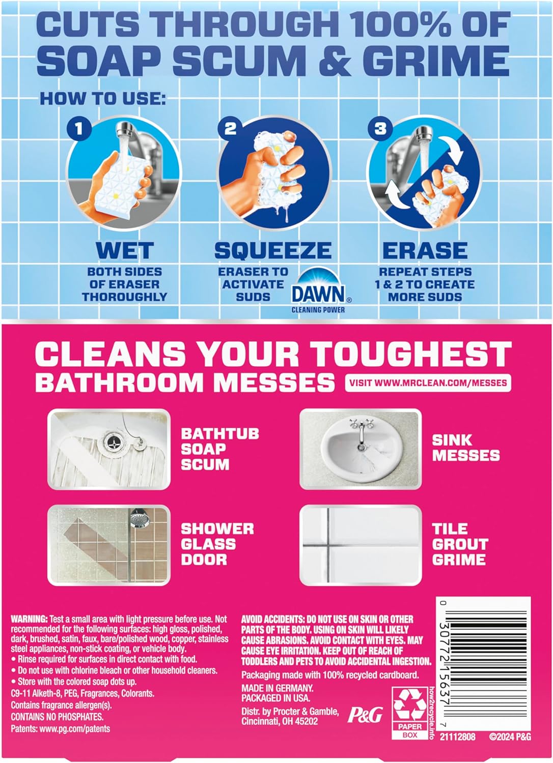 Mr. Clean Magic Eraser Sponge, Bathroom, Shower, Tub Cleaner, Soap Scum Remover, Bathroom Cleaning Supplies, Dawn Cleaning Power with Lemon Scent, Shower & Tub, 6ct