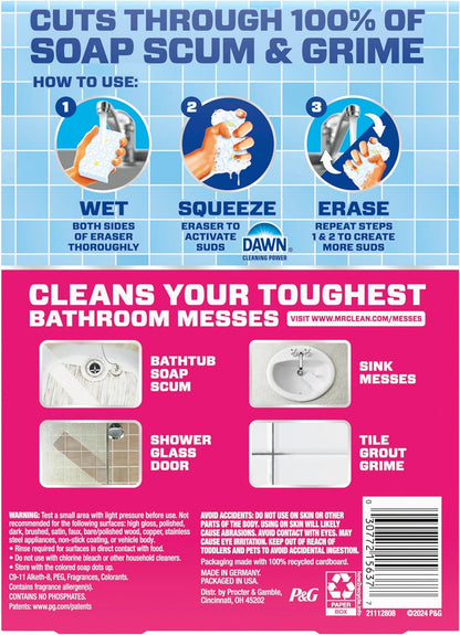 Mr. Clean Magic Eraser Sponge, Bathroom, Shower, Tub Cleaner, Soap Scum Remover, Bathroom Cleaning Supplies, Dawn Cleaning Power with Lemon Scent, Shower & Tub, 6ct
