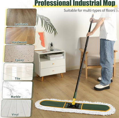24 Inch Commercial Dust Mop,Heavy Duty Dry Wet Dust Mops Broom for Hardwood Floor, Laminate, Tile, Concrete Cleaning | 60 Extendable Handle & 2 Cotton Mop Heads | Home, Garage, Warehouse Use