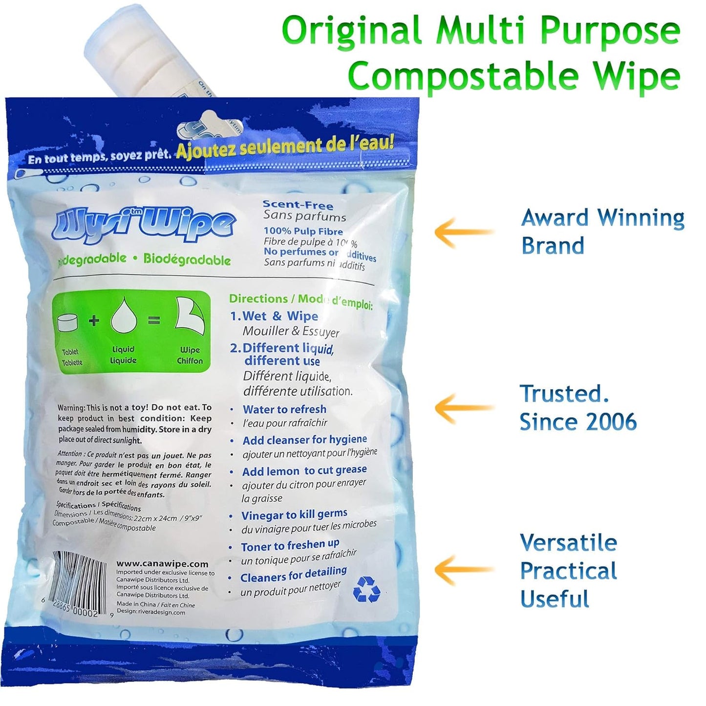 WYSI Multi-Purpose Wipes - Just Add Water - 100 Compressed Tablets & 1 To Go Tube - Multipurpose All Natural Reusable Wipes - Biodegradable Towelettes - Hypoallergenic - Compostable - Scent-Free.