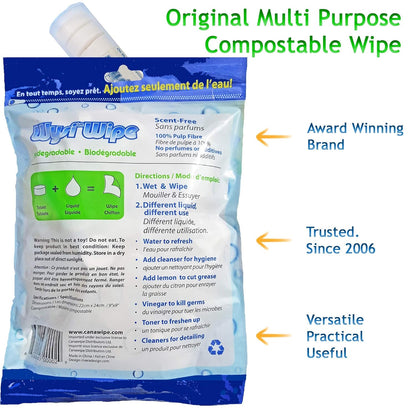 WYSI Multi-Purpose Wipes - Just Add Water - 100 Compressed Tablets & 1 To Go Tube - Multipurpose All Natural Reusable Wipes - Biodegradable Towelettes - Hypoallergenic - Compostable - Scent-Free.
