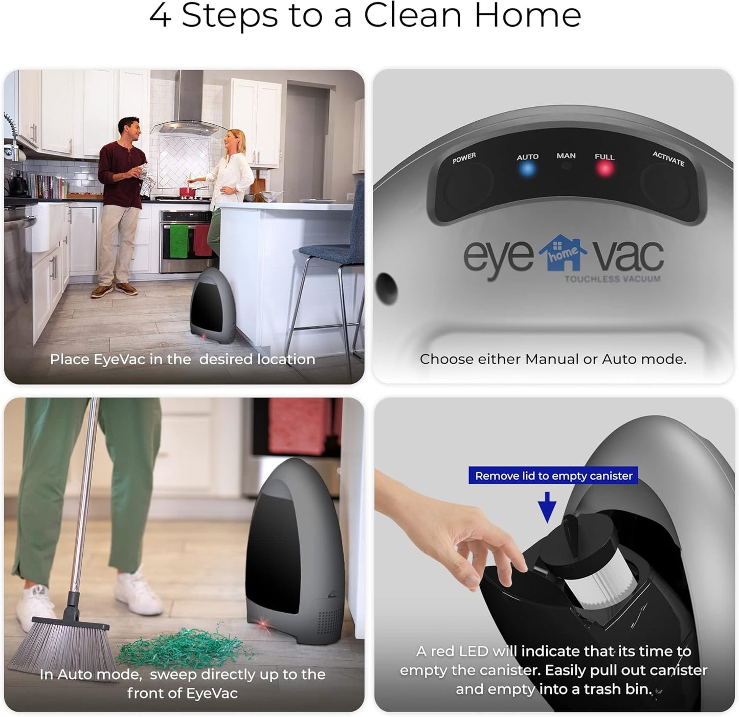 EyeVac Home Touchless Vacuum Automatic Dustpan - Great for Sweeping Pet Hair Food Dirt Kitchen - Ultra Fast & Powerful, No More Bending Down, Bagless, Corded, Automatic Sensors, 1000 Watt (White)