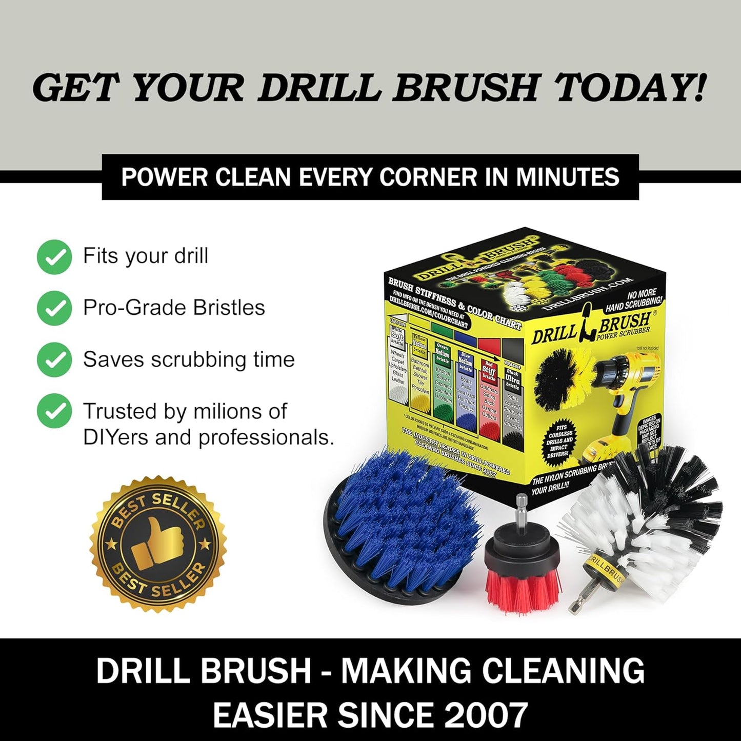 Drillbrush Drill Brush Attachment Set for Bathroom Cleaning – Power Scrubber Brush Kit for Tub, Tile, Shower, and Grout – All-Purpose Household Cleaning Brushes for Drill - Electric Grout Cleaner Kit