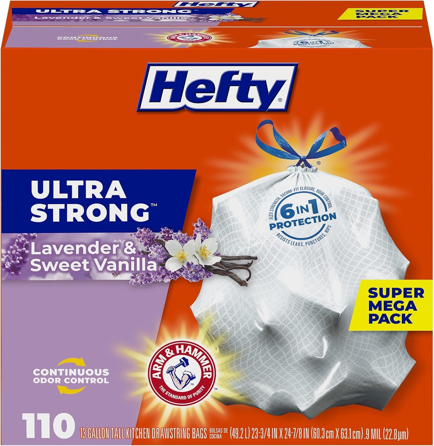 Hefty Ultra Strong 13 Gallon Trash Bags, Tall Kitchen Trash Bags 13 Gallon Size, Drawstring Closure, Continuous Odor Control, White, Lavender and Sweet Vanilla Scent, 80 Bags