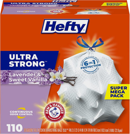 Hefty Ultra Strong 13 Gallon Trash Bags, Tall Kitchen Trash Bags 13 Gallon Size, Drawstring Closure, Continuous Odor Control, White, Lavender and Sweet Vanilla Scent, 80 Bags
