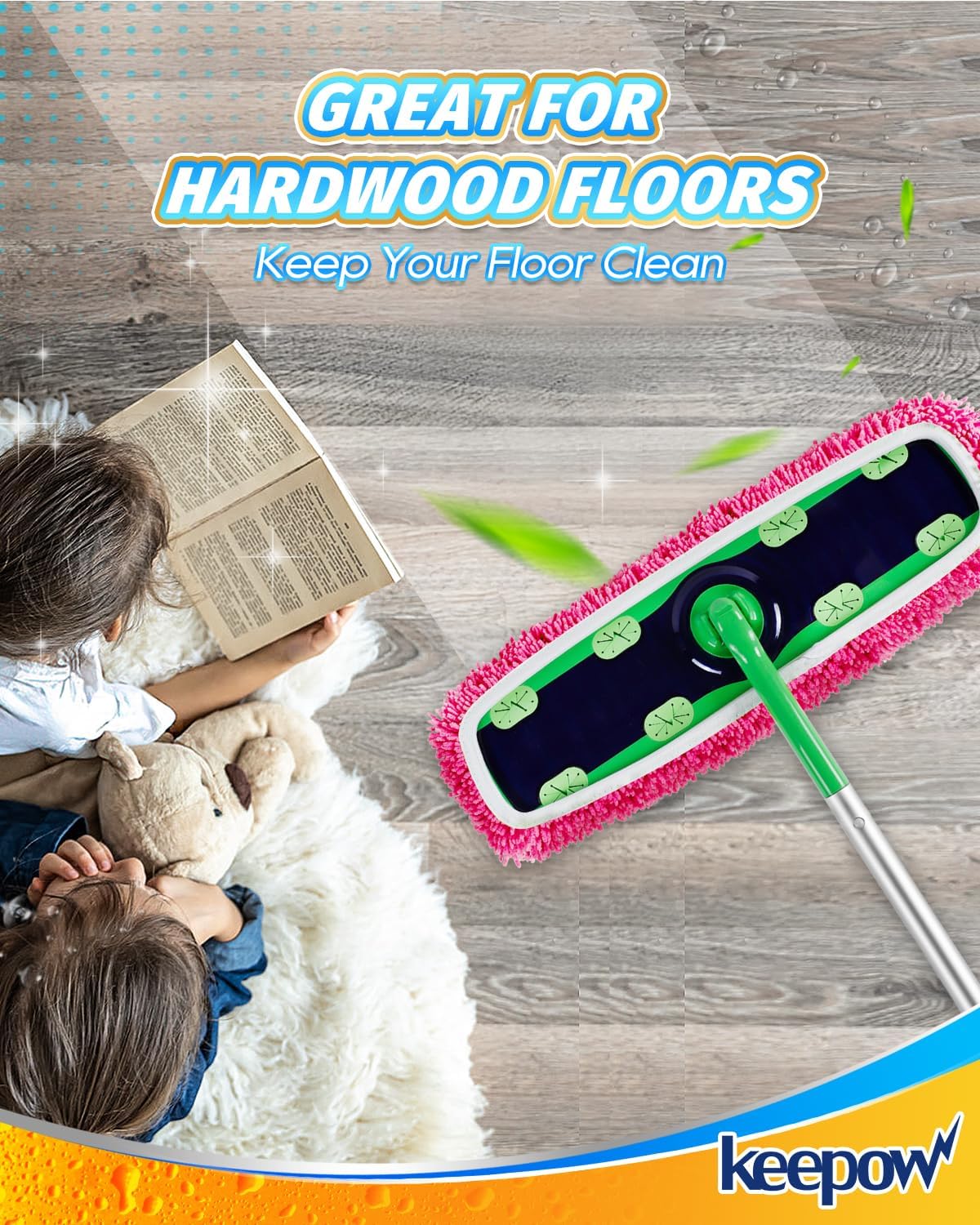 KEEPOW Reusable XL Mop Pads Compatible with Swiffer XL Sweeper, X-Large Dry Sweeping Cloths, Wet Mopping Cloths, Washable Microfiber XL Wet Pads Refills for Surface/Hardwood Floor Cleaning, 4 Pack