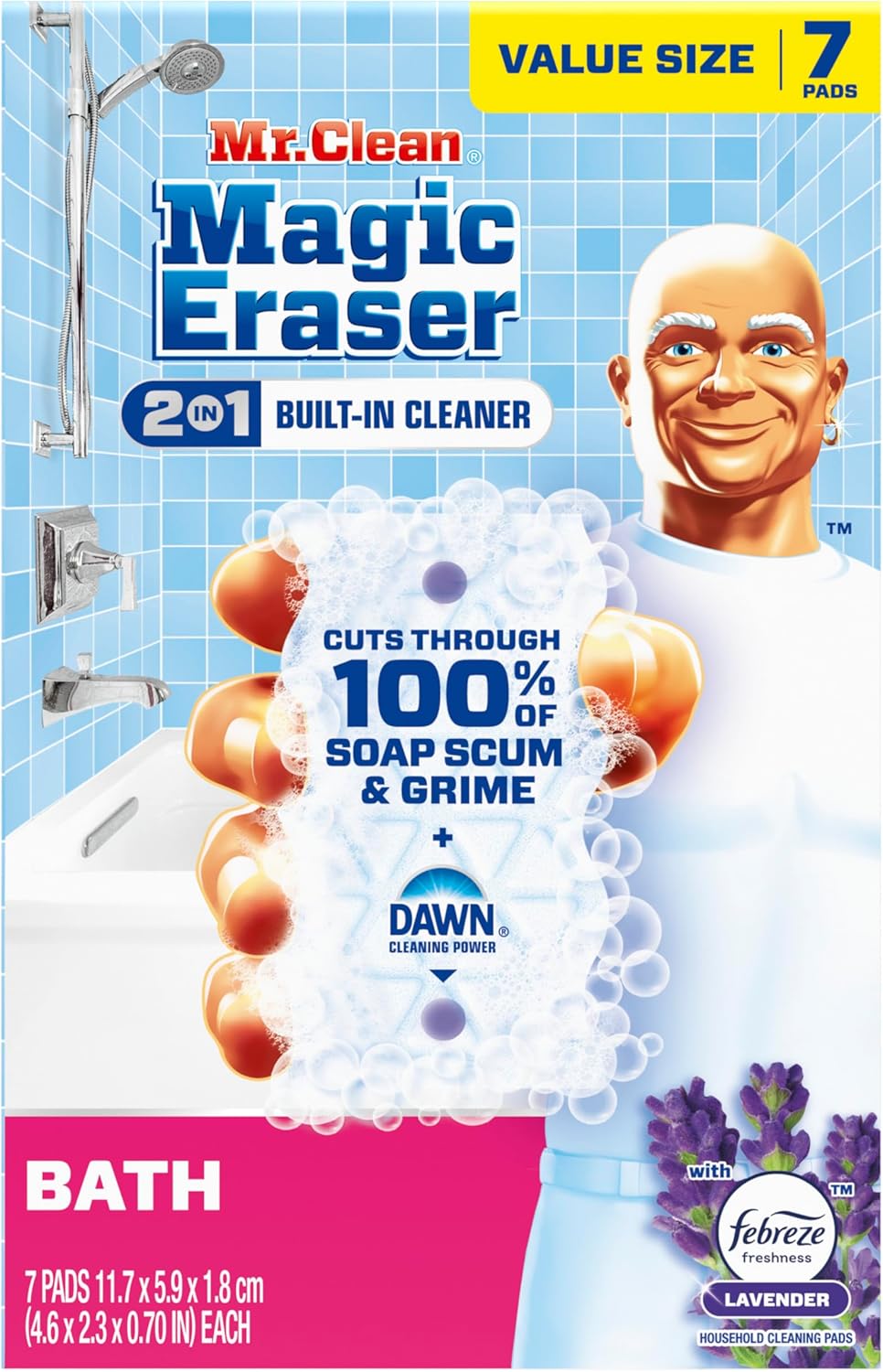 Mr. Clean Magic Eraser Sponge, Bathroom Cleaner, Shower Cleaner, Tub Cleaner, Soap Scum Remover, Bathroom Cleaning Supplies, Dawn Cleaning Power with Febreze Lavender Scent, 5ct