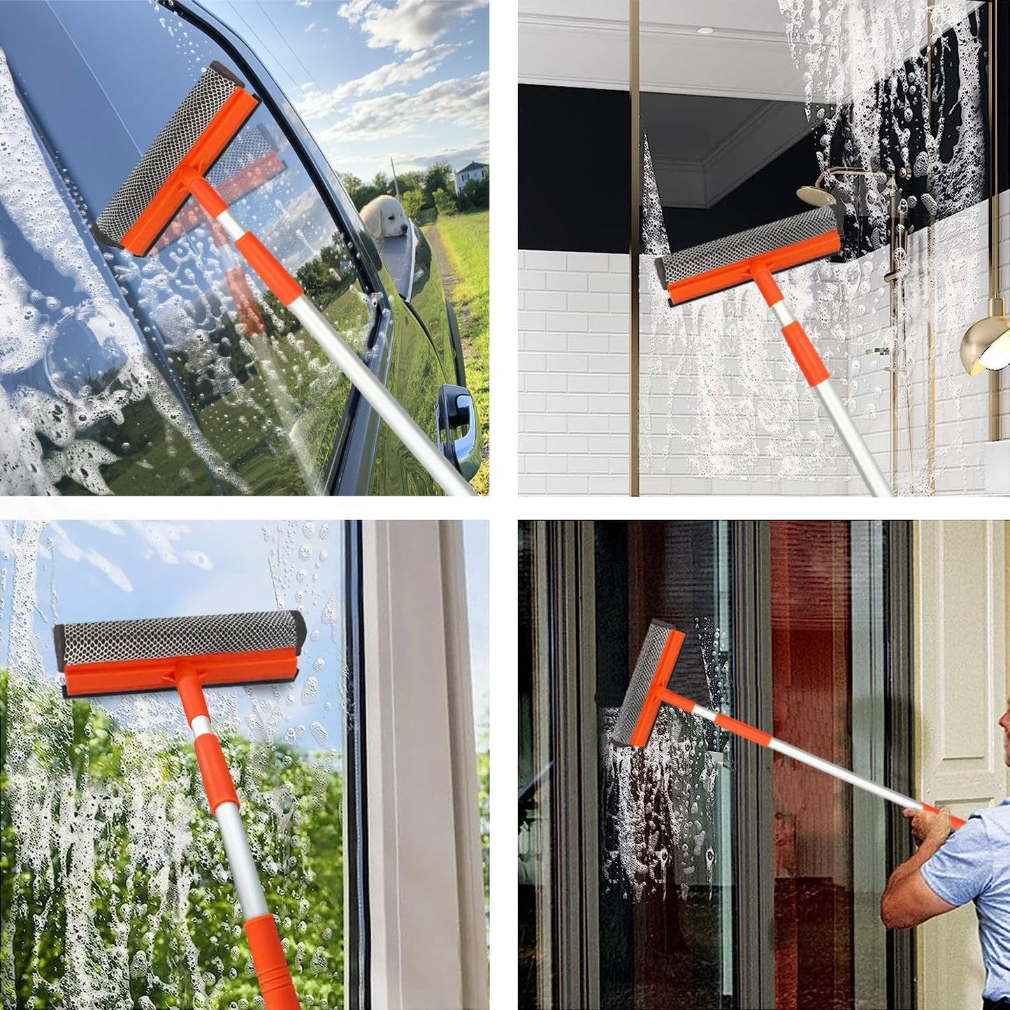 Window Squeegee for Window Cleaning with Retractable Pole 28", Squeegee Window Cleaner Tool 2 in 1 Car Window Cleaning Tool Telescopic Window Washing Equipment, Shower Squeegee for Glass Door