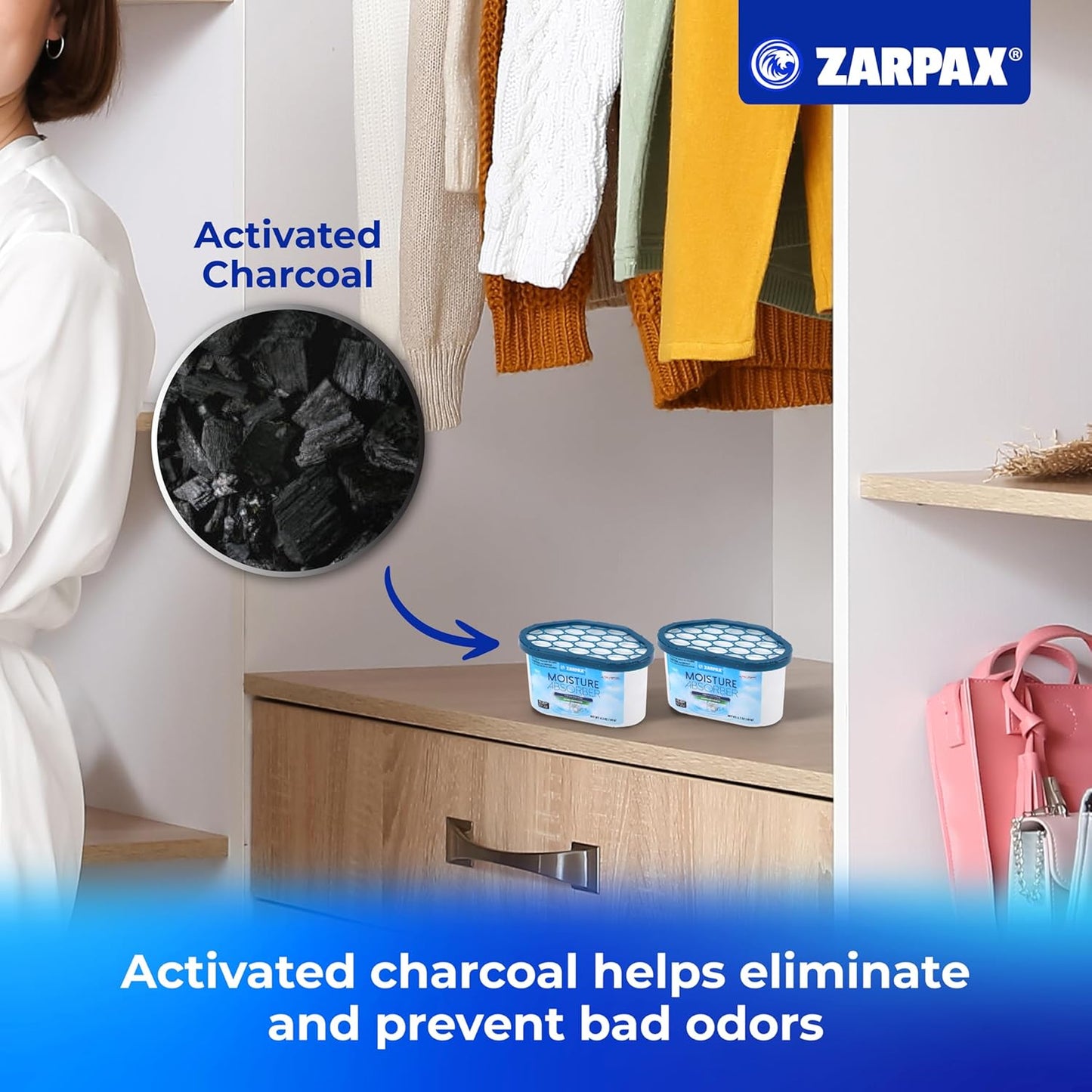 ZARPAX Moisture Absorber Activated Charcoal 10.5 oz/300g | Removes Moisture, Damp, Humidity & Odors | Odor Absorber | Moisture Trap for Bathroom, Closet, Kitchen & Small Spaces | Set of 6