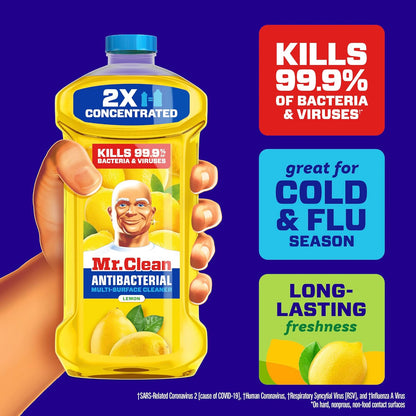 Mr. Clean Antibacterial All Purpose Cleaner, Floor Cleaner for Mopping Home, Bathroom, & Kitchen, Cleaning Liquid for Mop & Bucket, Cleaning Supplies, Multi-Surface Dilutable, Lemon, 99oz