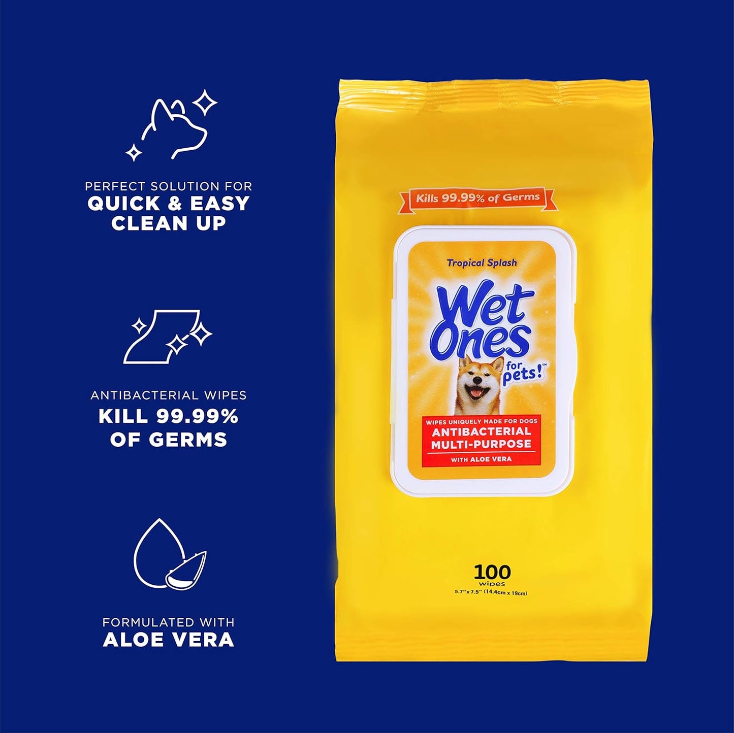Wet Ones for Pets Antibacterial Dog Wipes, Multi-Purpose Grooming Wipes with Aloe Vera for Paws, Face & Body, Easy Cleanups Between Baths, Tropical Splash Scent, 5.7 in x 7.5 in, 50 Count