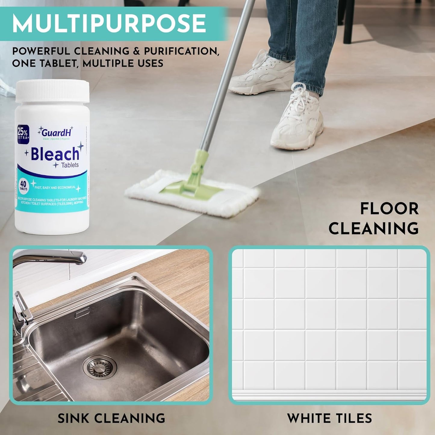GuardH Bleach Tablets 40 Count – Multipurpose Cleaning Tablets for Laundry, Toilet Bowl, Bathroom Tile and Kitchen Surfaces – Liquid Bleach Alternative, Fast Dissolving Formula