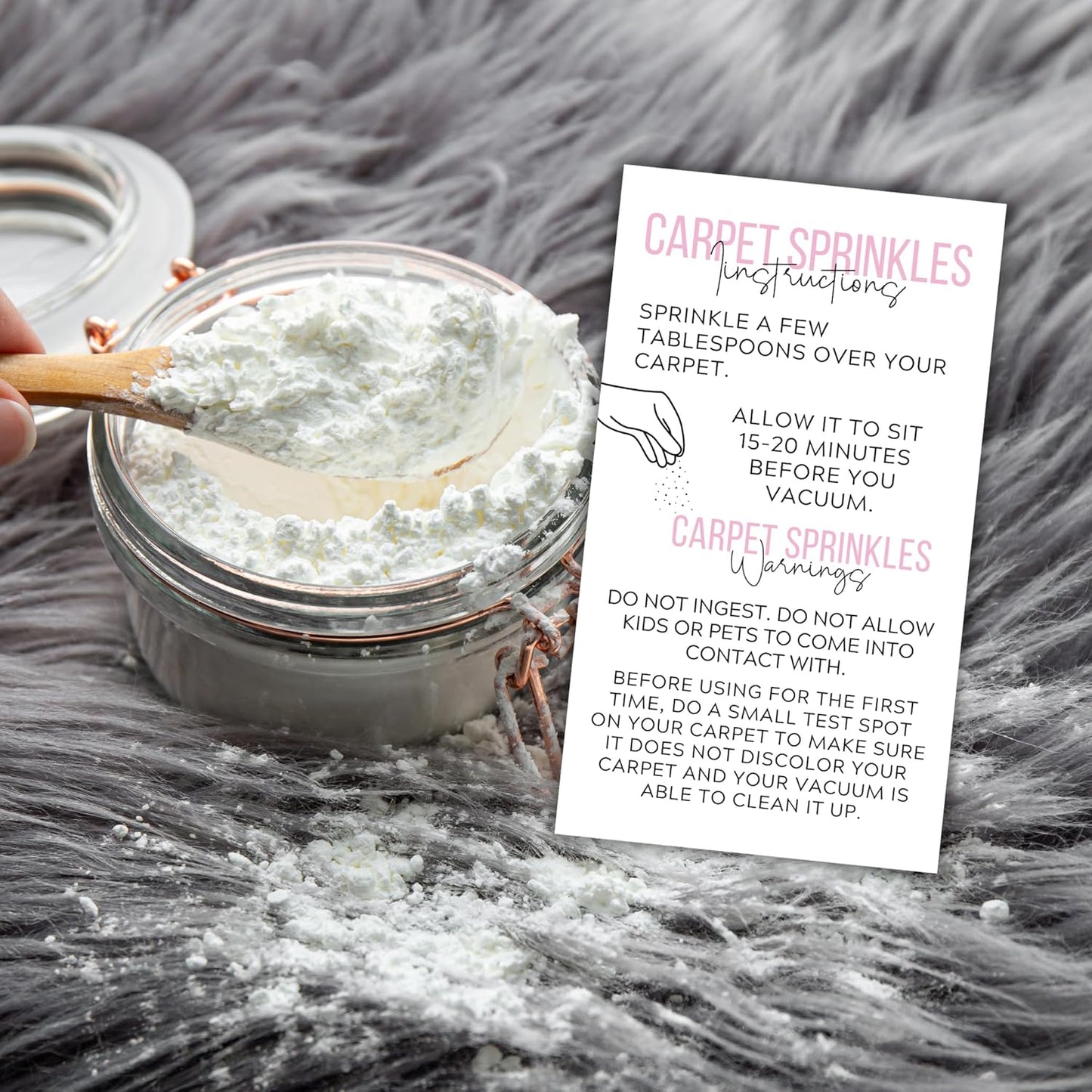 Carpet Sprinkles Freshener Instructions and Warning Label Pink Cards | 50 pk 2x3.5” DIY Crafters Deodorizer Jar Scents For Selling Packaging