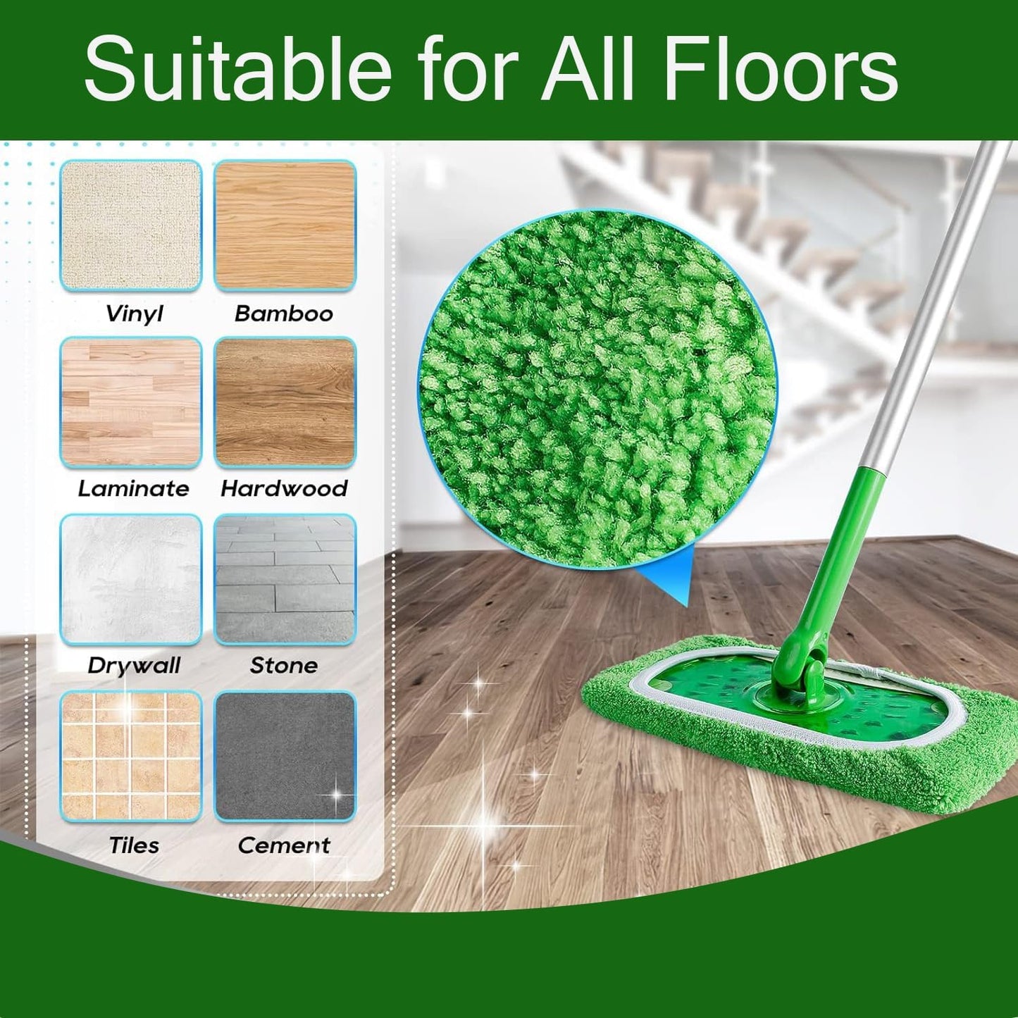 Reusable Microfiber Mop Pads Washable Wet Pads Compatible with Swiffer Sweeper Refills Pads for Wet & Dry Sweeping Cloths Mop Head Replacement for Household Cleaning (Green 4PCS)
