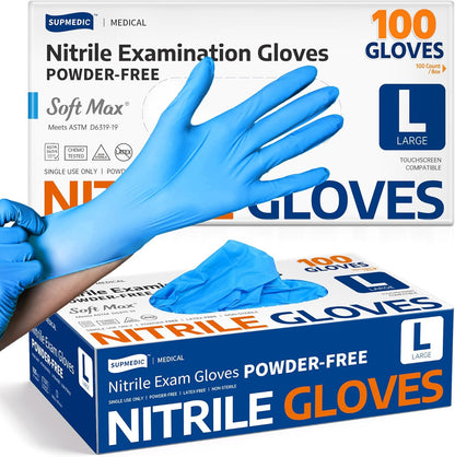 Supmedic Medical Soft Max™ Nitrile Exam Gloves, 100 Count Latex-Free Powder-Free Non-Sterile Food Safe Disposable Glove, Blue
