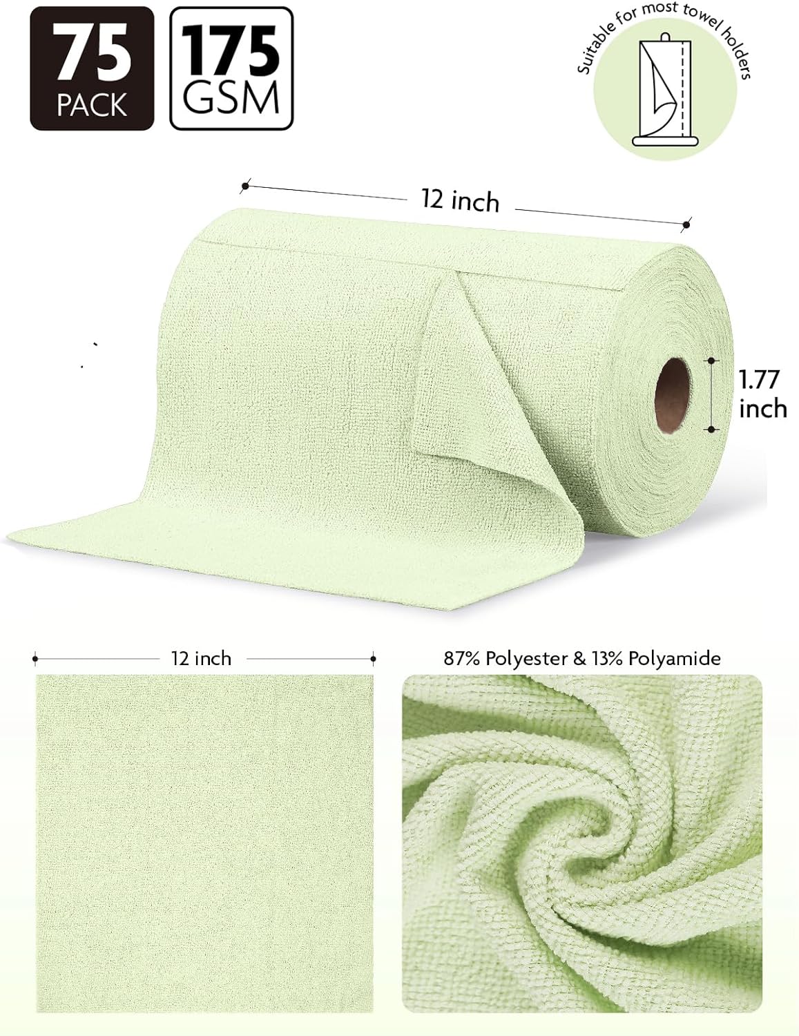 Fantasticlean Microfiber Cleaning Cloth Roll -75 Pack, Tear Away Microfiber Towels, 12" x 12", Reusable, Washable, Scratch Free, Ultra Absorbent Dishcloth for All-Around Cleaning Supplies (White)