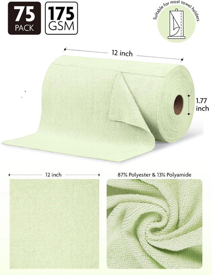 Fantasticlean Microfiber Cleaning Cloth Roll -75 Pack, Tear Away Microfiber Towels, 12" x 12", Reusable, Washable, Scratch Free, Ultra Absorbent Dishcloth for All-Around Cleaning Supplies (White)