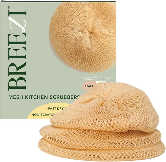 Dish Scrubber for Dishes – Breezi Layered Mesh Dish Cloth, 3-Pack, Non-Scratch, Multi-Purpose, Fast-Drying, Odor-Free, Scrubbies for Dishes. Kitchen Sponges, Sponges Kitchen, Dish Sponge Alternative