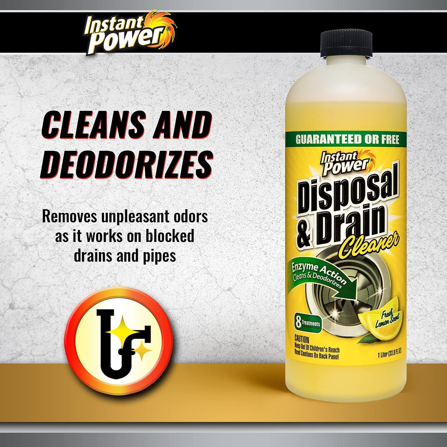 Instant Power Disposal and Drain Cleaner – Liquid Enzyme Clog Remover, Cleans and Deodorizes, Removes Drain Blockages, Fresh Lemon Scent 33.8 Fl oz, 1 Liter 4 Pack