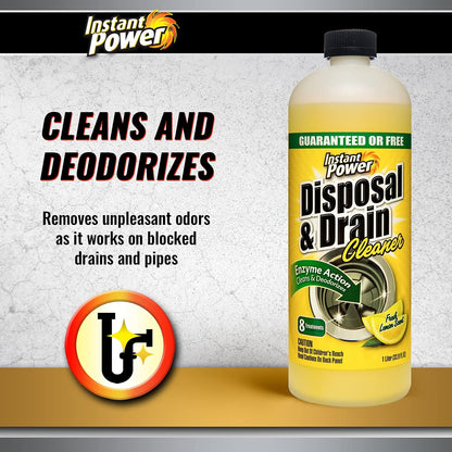Instant Power Disposal and Drain Cleaner – Liquid Enzyme Clog Remover, Cleans and Deodorizes, Removes Drain Blockages, Fresh Lemon Scent 33.8 Fl oz, 1 Liter 4 Pack